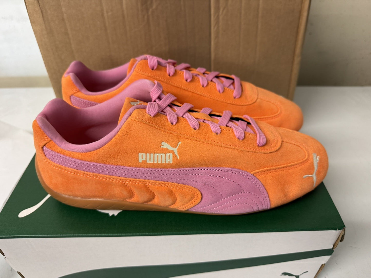 UK 10 PUMA Speedcat Sneakers Unisex Trainers - 398846_50 Orange Glo-Poised Pink