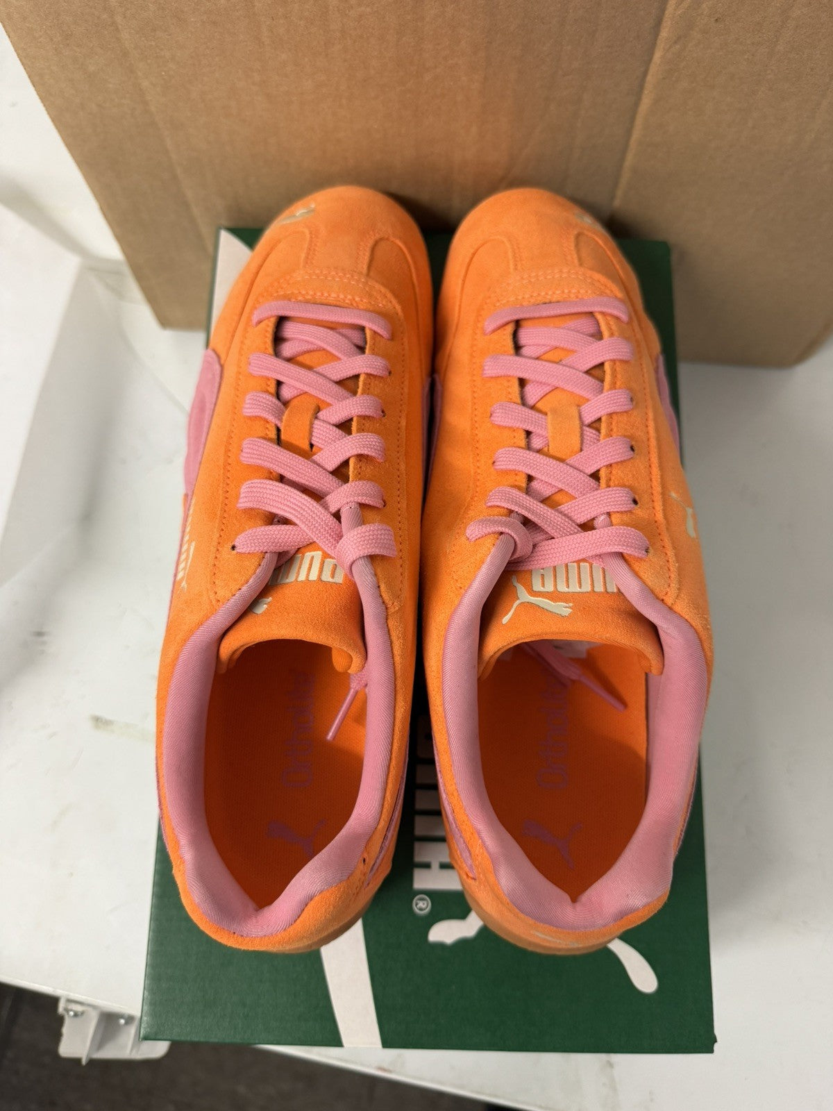 UK 10 PUMA Speedcat Sneakers Unisex Trainers - 398846_50 Orange Glo-Poised Pink