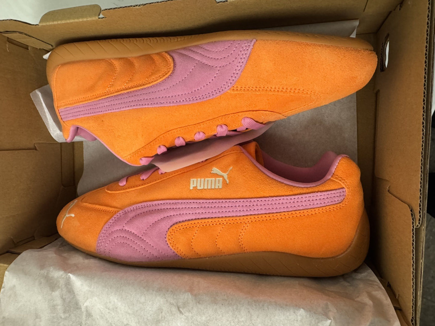 UK 10 PUMA Speedcat Sneakers Unisex Trainers - 398846_50 Orange Glo-Poised Pink