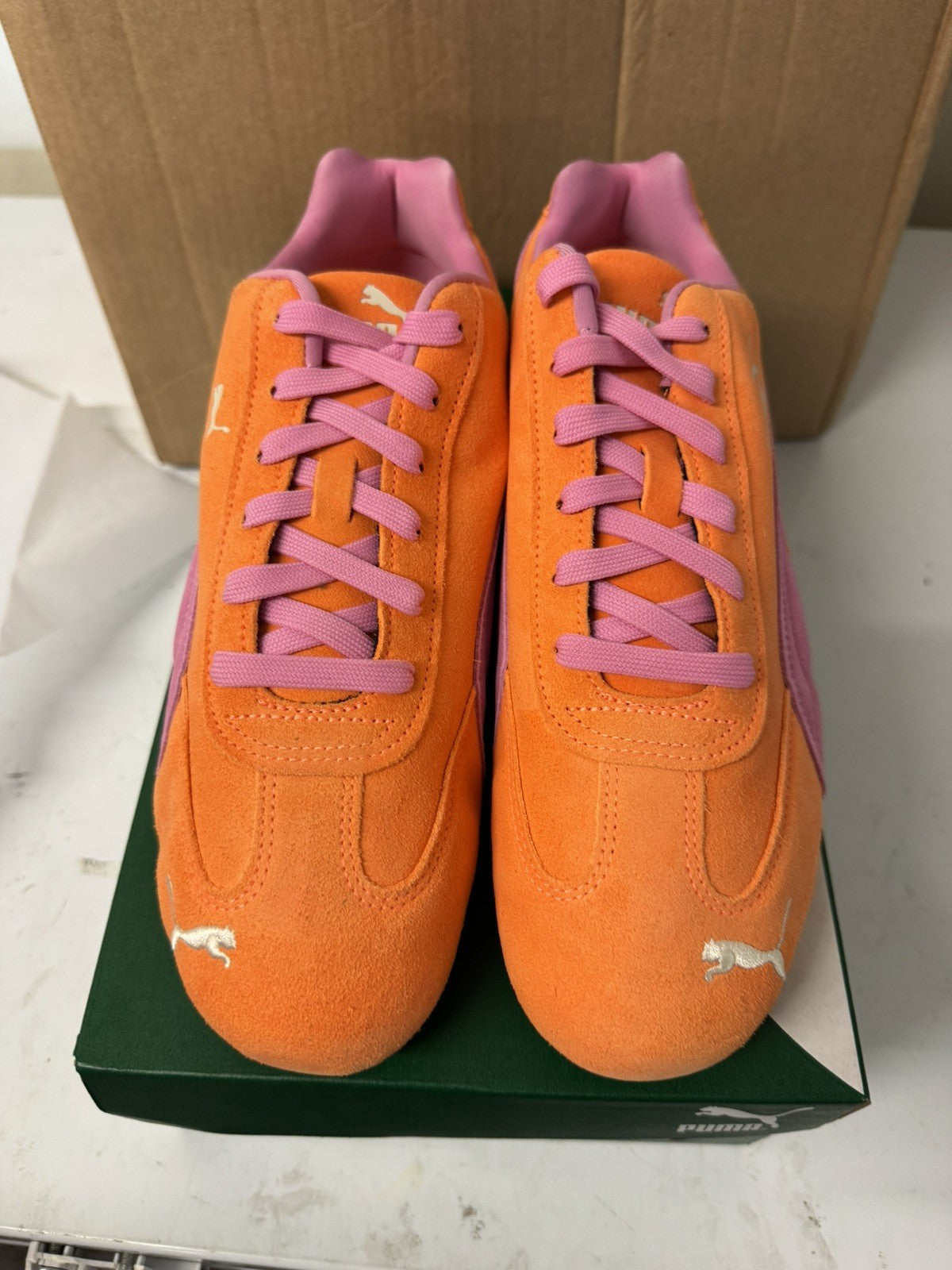 UK 10 PUMA Speedcat Sneakers Unisex Trainers - 398846_50 Orange Glo-Poised Pink