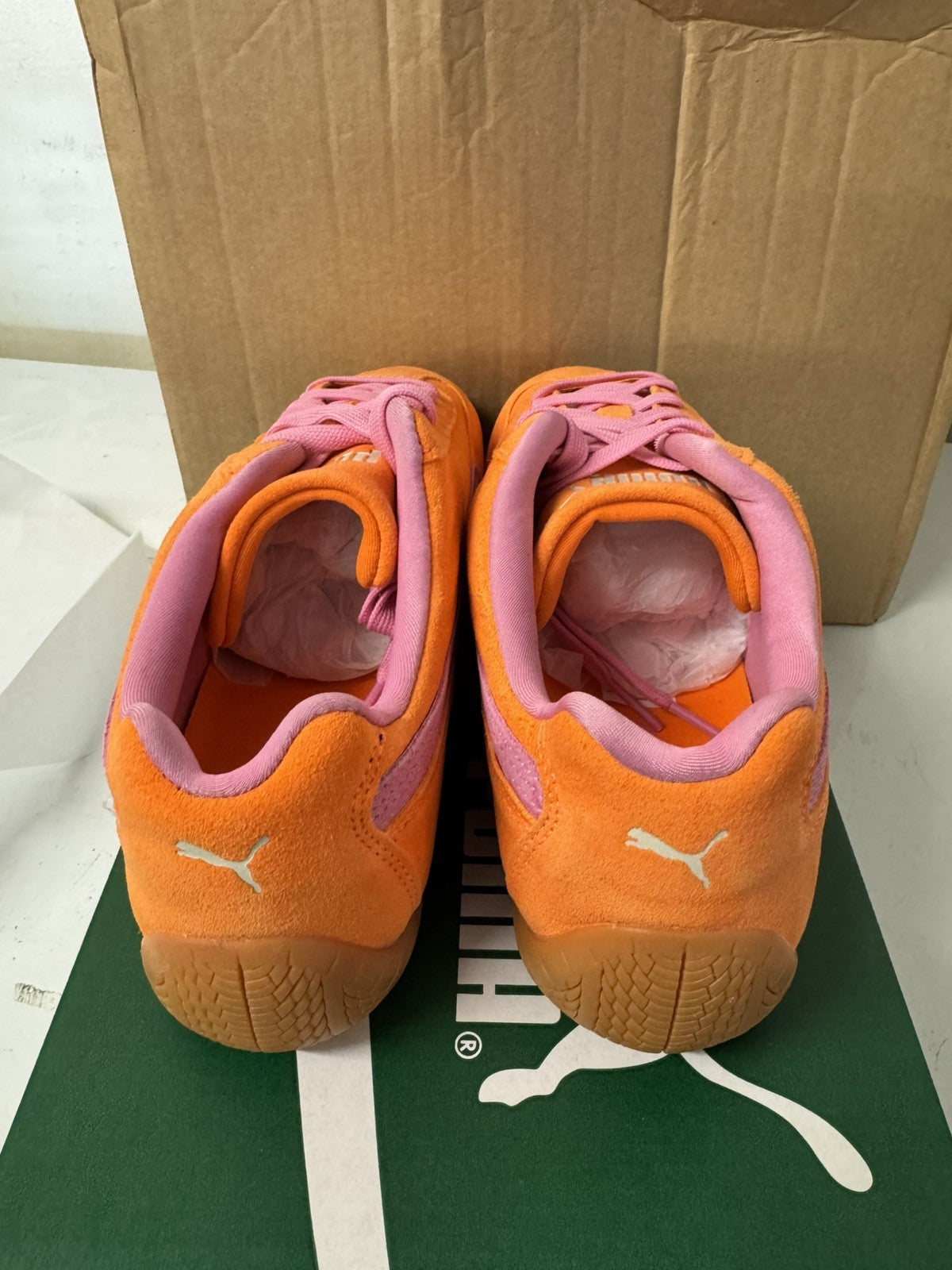 UK 10 PUMA Speedcat Sneakers Unisex Trainers - 398846_50 Orange Glo-Poised Pink